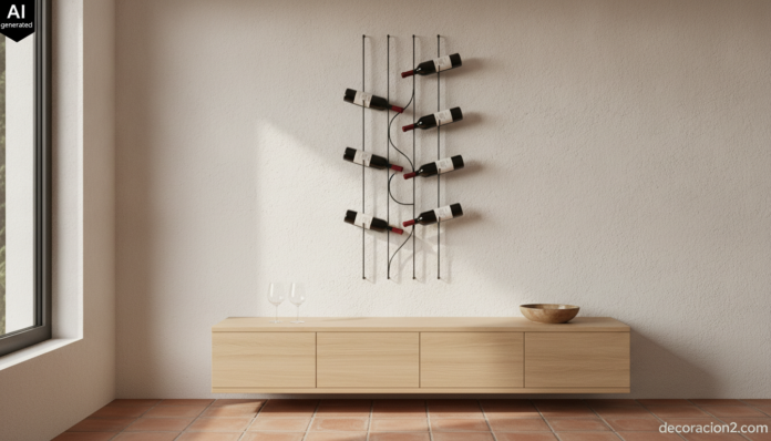 Botellero de pared ondulado de acero negro con ocho botellas de vino sobre un aparador de roble en un comedor luminoso