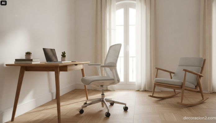Rincón de trabajo en casa con asientos ergonómicos: silla de malla regulable junto a un escritorio de roble y una mecedora baja frente a la ventana
