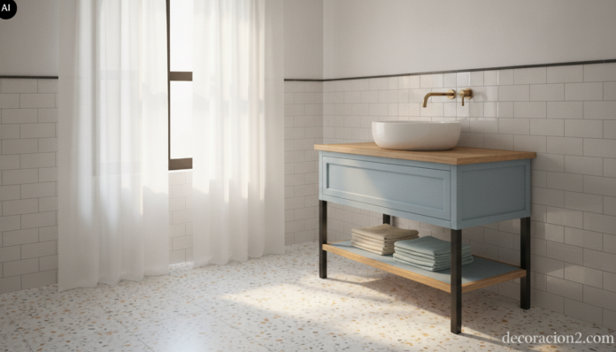 Baño luminoso con un mueble de lavabo restaurado y pintado en azul claro satinado sobre patas metálicas