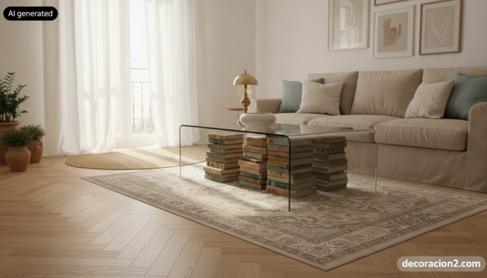 Salón luminoso con una mesa de centro con libros apilados y tapa de cristal templado frente a un sofá de lino beige