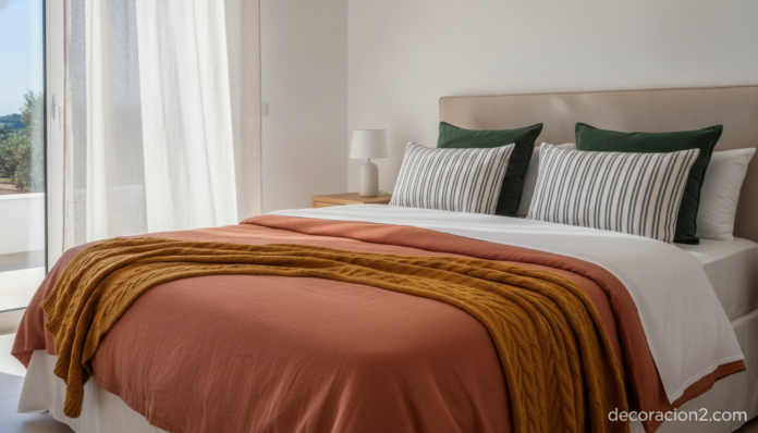 Dormitorio luminoso con textiles de color para el dormitorio: funda nórdica terracota, sábanas de rayas y cojines verdes