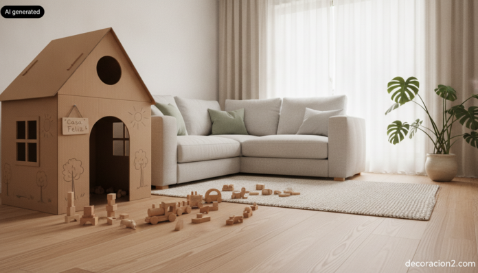 Casita de cartón infantil de techo a dos aguas montada en un salón luminoso con alfombra y juguetes de madera