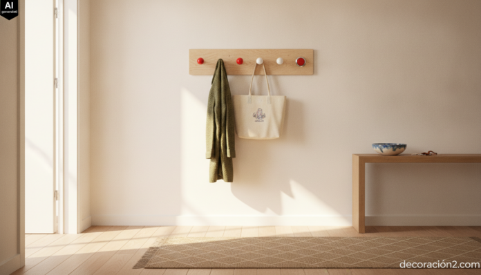 Realistic interior photography, wide shot of a bright Spanish entryway hall. On a warm white wall hangs a horizontal birch... Perchero arcade retro de madera de abedul con bolas de joystick rojas y blancas en el recibidor de una casa
