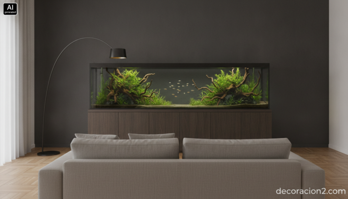Salón moderno con un acuario en el salón de 120 cm plantado sobre mueble de roble oscuro y sofá de lino