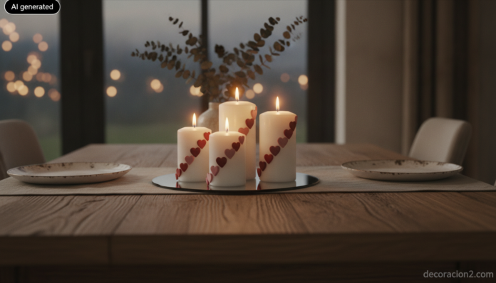 Velas decoradas con corazones de cera roja y rosa sobre bandeja de espejo en una mesa de San Valentín