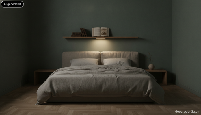Estantería con luz de lectura en forma de V de roble instalada sobre el cabecero de una cama con ropa de lino en un dormitorio de pared verde