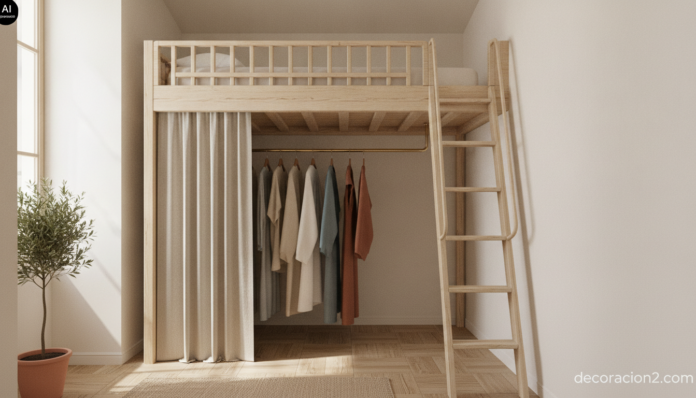 Cama elevada con vestidor debajo en un dormitorio pequeño de techos altos y madera clara