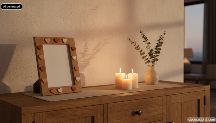 Realistic interior photography, wide shot of a warm living room sideboard at dusk: a handmade 13x18 wooden photo frame dec... Marco de fotos para San Valentín con corazones de madera pintados sobre un aparador de roble con velas encendidas