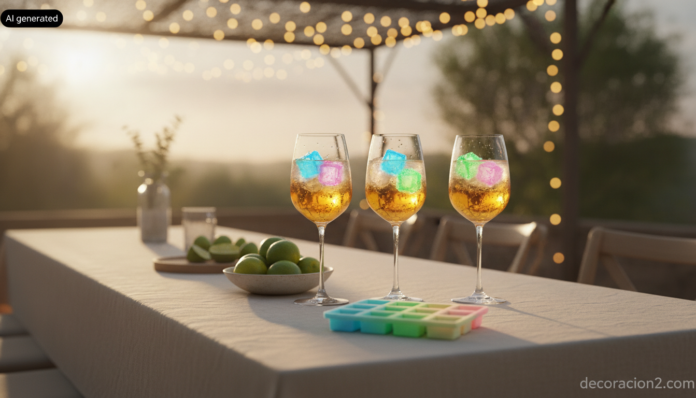 Mesa de terraza con vasos y cubiteras con formas originales de silicona en una cena de verano