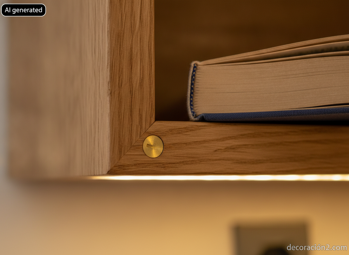 Detalle macro del canto biselado de un estante de roble aceitado con el lomo de un libro apoyado y una tira LED empotrada