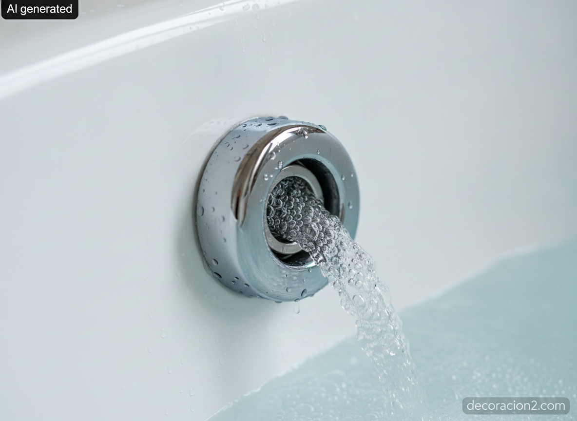 Spa en casa: guía real para montar un baño con hidromasaje (peso, agua caliente, precios y mantenimiento) 3 Primer plano de una boca de hidromasaje cromada en la pared de acrílico blanco de la bañera