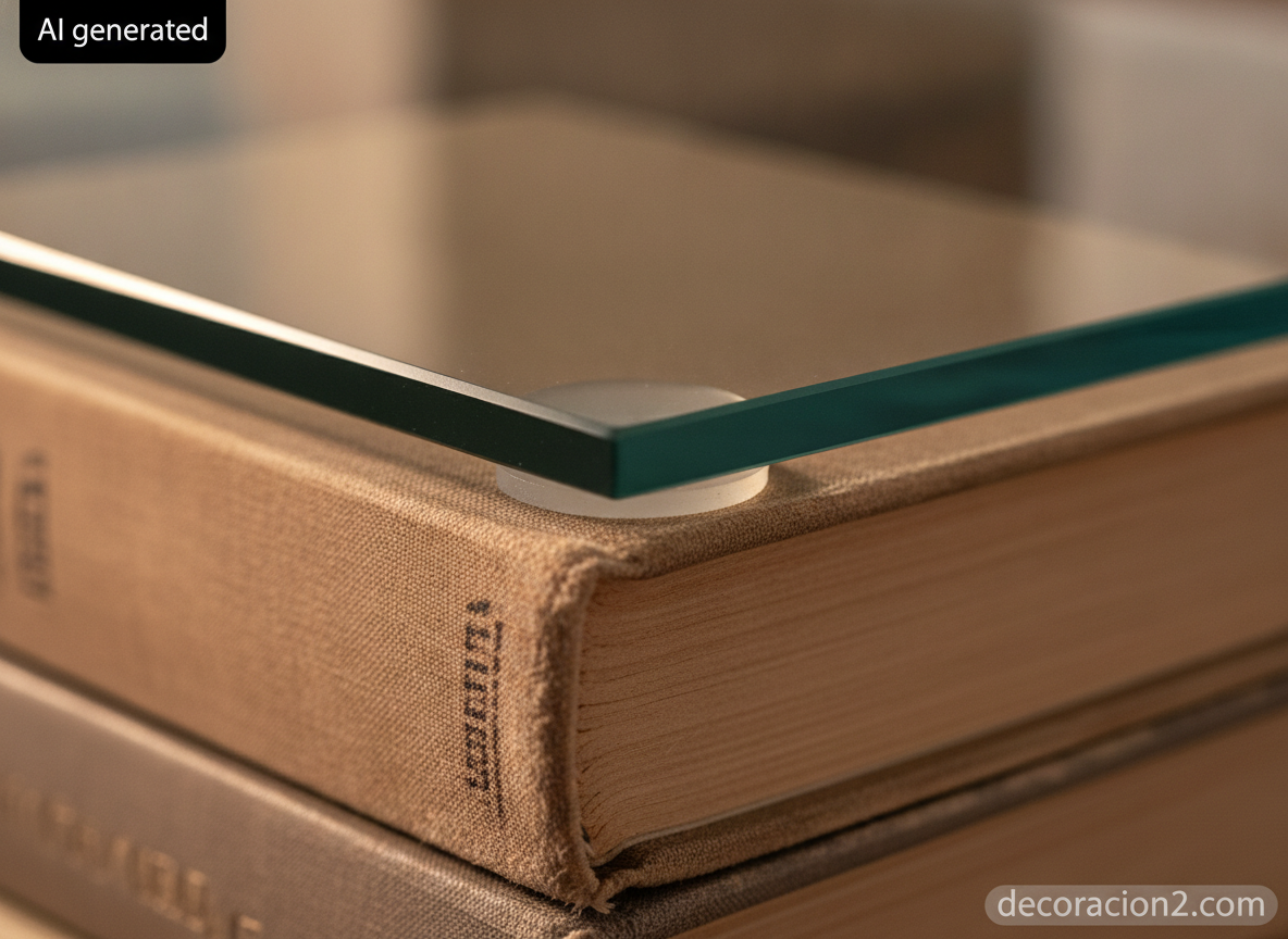 Detalle del canto pulido del cristal apoyado sobre lomos de libros de tapa dura con un tope de silicona transparente