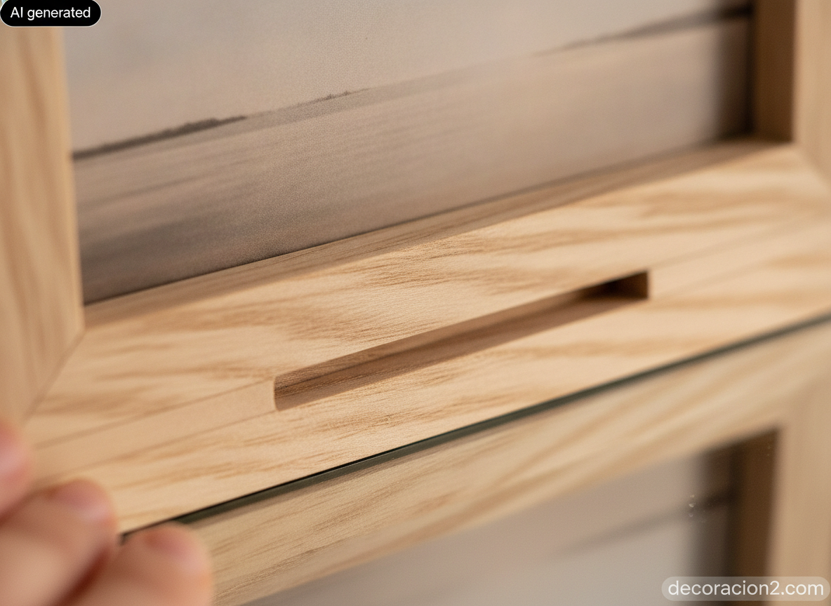 Detalle en primer plano de la ranura de un marco de madera de fresno con una fotografía introducida a mitad