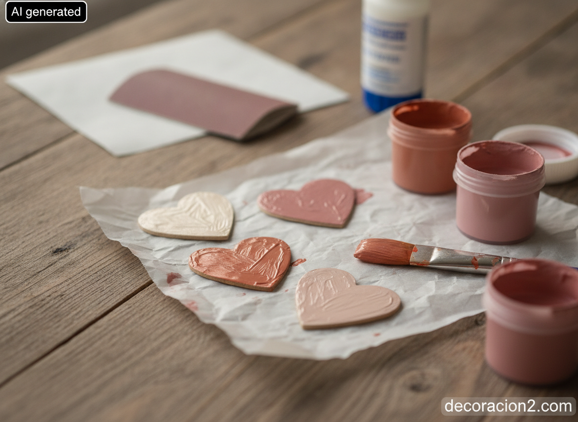 Marco de fotos para San Valentín: DIY con corazones de madera paso a paso 3 Primer plano de corazones de contrachapado recién pintados secándose junto a un pincel plano y botes de pintura acrílica