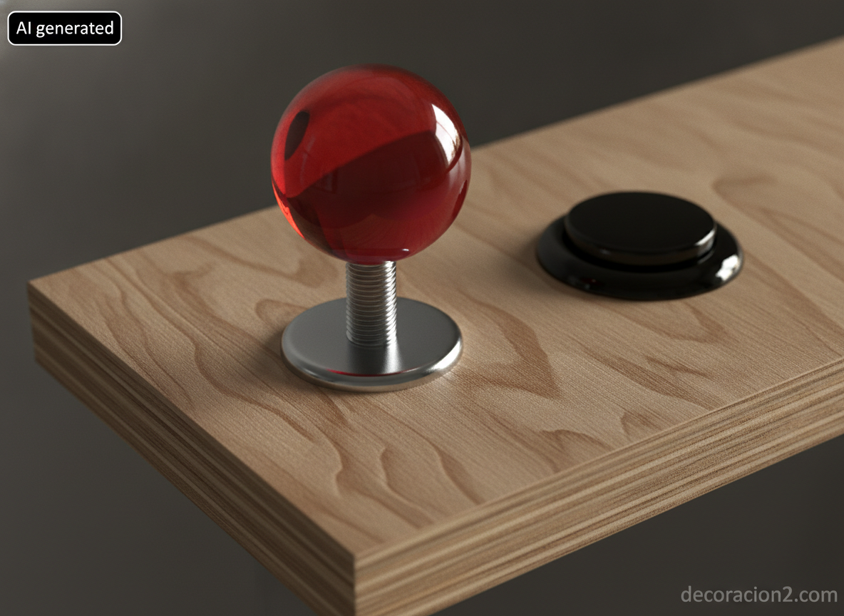 Perchero arcade retro: cómo montar uno con joysticks que aguante abrigos de verdad 3 Detalle en primer plano de una bola de joystick roja atornillada sobre un panel de contrachapado de abedul junto a un botón arcade negro