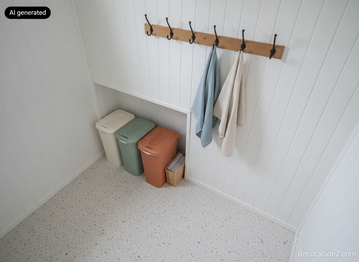 Cubo de basura de diseño: cómo elegir el tuyo sin arrepentirte a los seis meses 8 Lavadero nórdico con tres contenedores de reciclaje de colores integrados en un hueco de obra