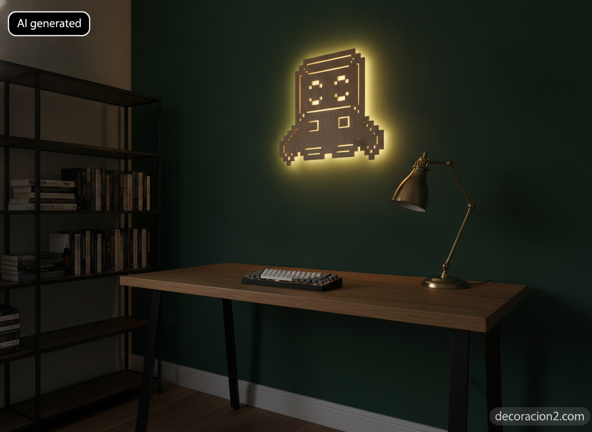 Panel de madera pixelado retroiluminado con LED en un despacho de pared verde