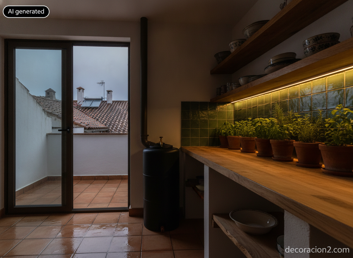 Rincón de cocina y terraza al atardecer con depósito de recogida de agua de lluvia y colector solar en el tejado vecino
