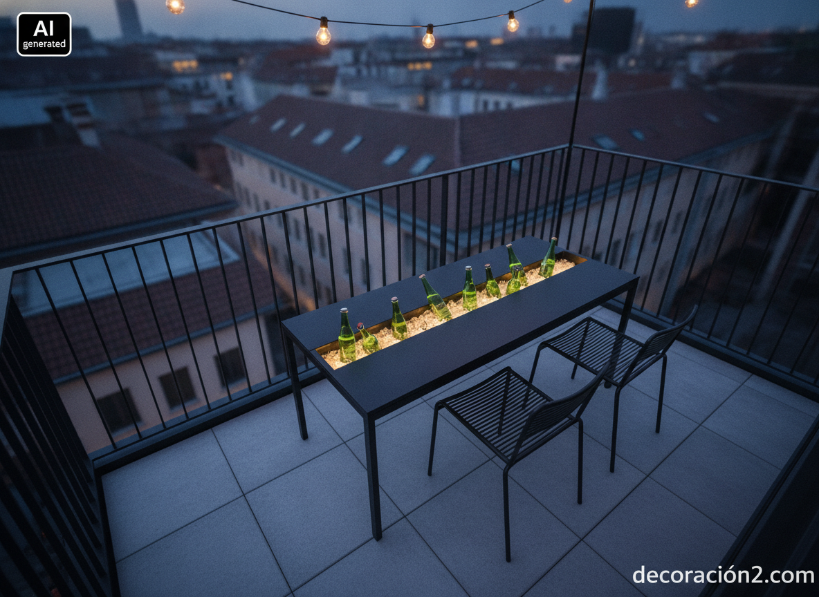 Mesa de aluminio negro en un balcón urbano con el canal central lleno de hielo y botellas al atardecer