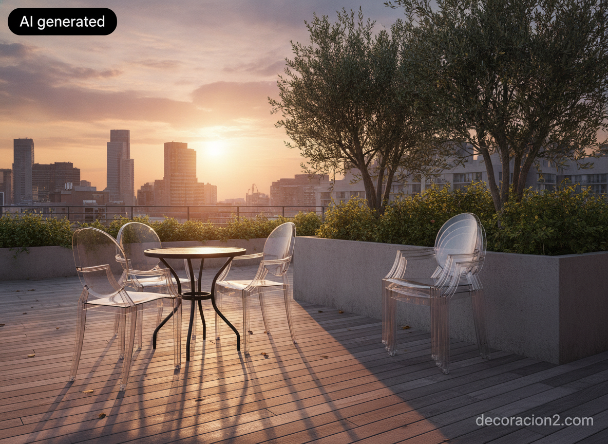 Terraza urbana al atardecer con sillas transparentes de policarbonato y una pila de sillas apiladas