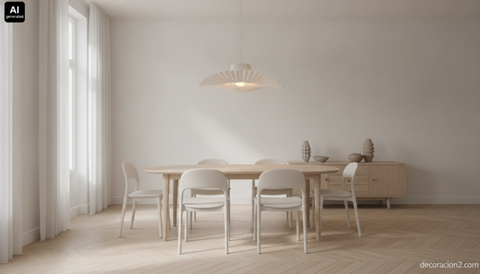 Salón comedor nórdico con lámparas Le Klint de pantalla plisada blanca sobre una mesa de roble claro