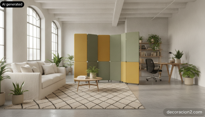 Salón diáfano dividido por paneles separadores acústicos de fieltro en tonos mostaza, verde salvia y gris