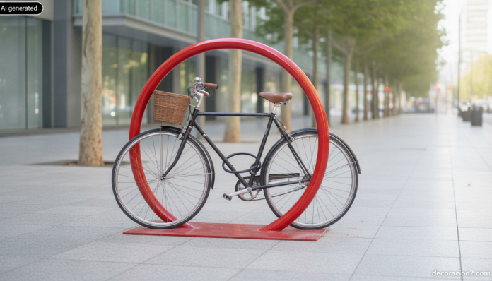 Aparcabicicletas de diseño en forma de aro rojo en una acera urbana con una bicicleta negra apoyada y candada