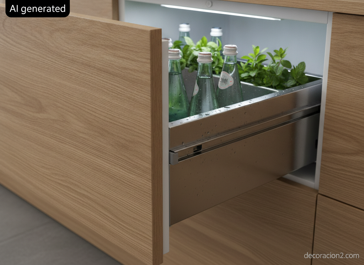 Detalle de un cajón refrigerador de acero inoxidable completamente extraído con botellas y hierbas frescas dentro