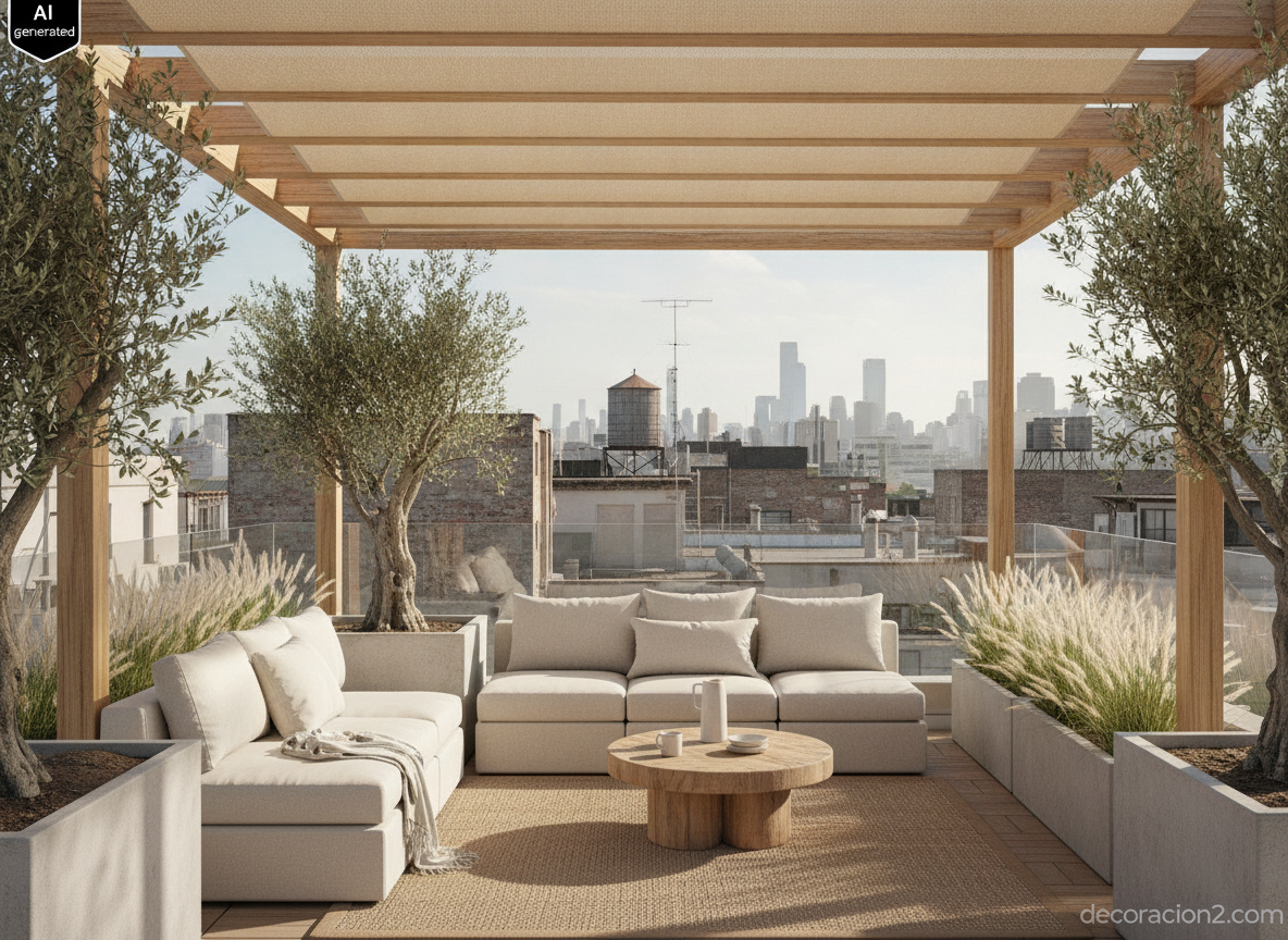 Pérgola de madera laminada con toldo textil tensado en una terraza urbana con maceteros de hormigón