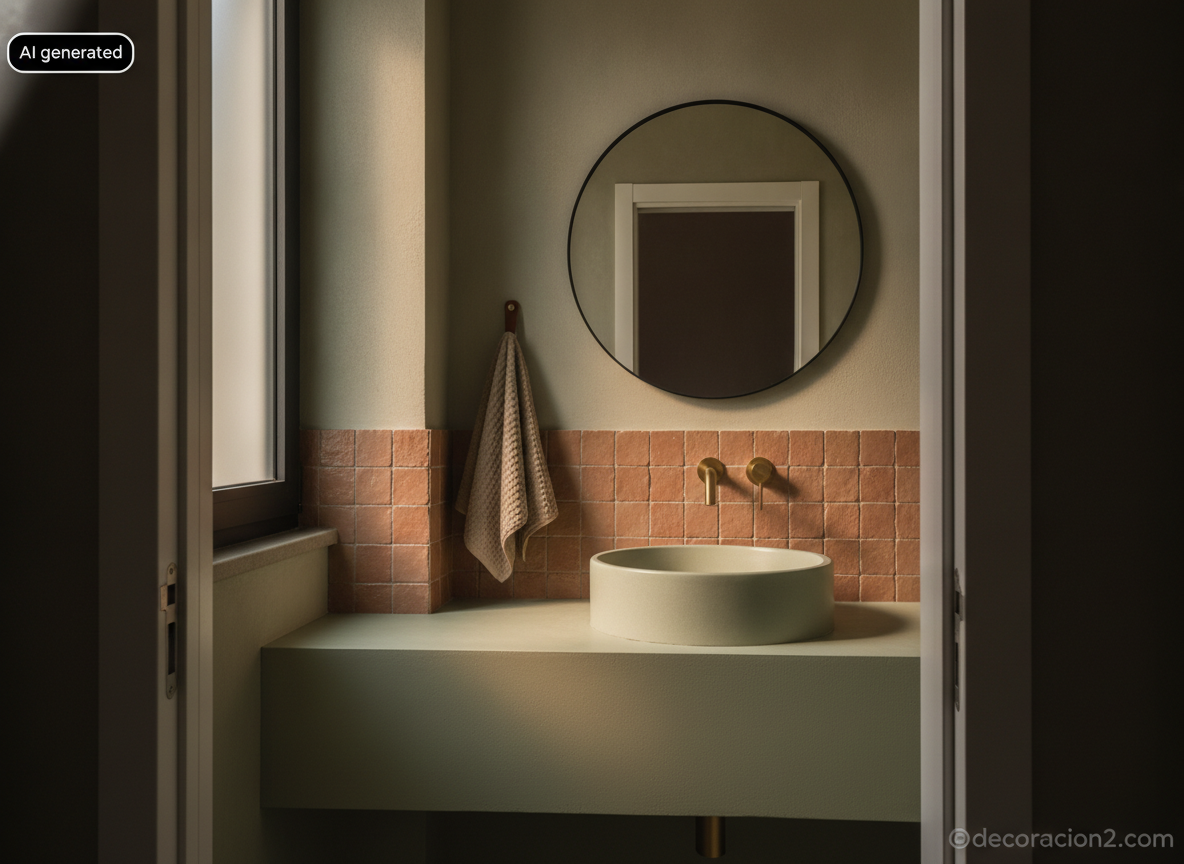 Baño pequeño con lavabo integrado de microcemento en verde salvia y grifería de latón