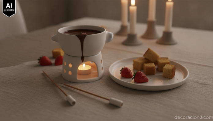 Fondue de porcelana con vela encendida sobre una mesa de invierno con mantel de lino y chocolate fundido