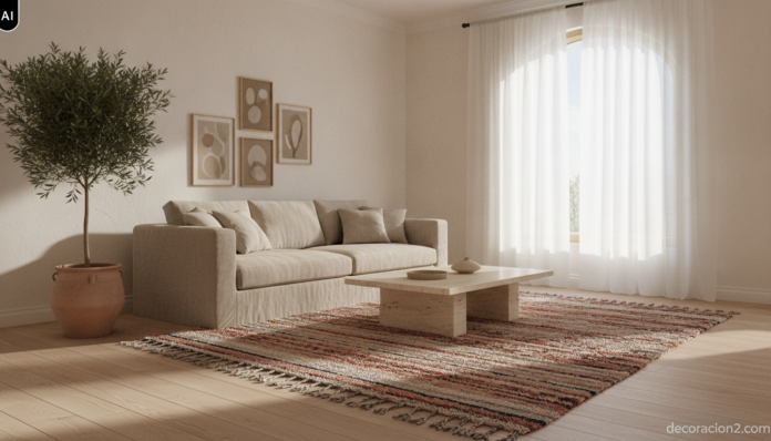 Salón luminoso con una gran alfombra con textil reciclado en tonos terracota, crudo e índigo bajo un sofá de lino