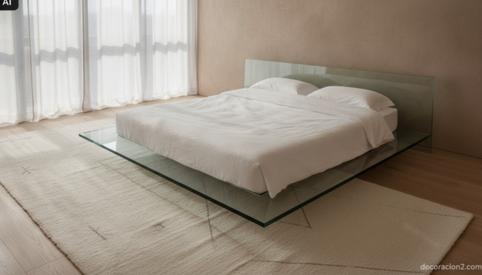 Dormitorio minimalista con cama de cristal transparente, ropa de cama de lino blanco y suelo de roble claro