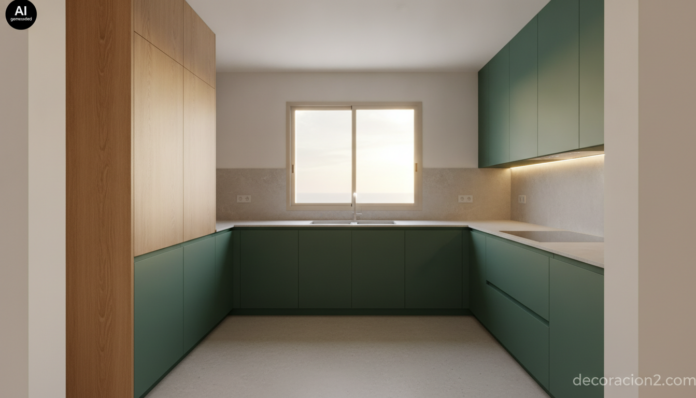 Cocina en forma de U con frentes verde mate, encimera de porcelánico y fregadero bajo la ventana