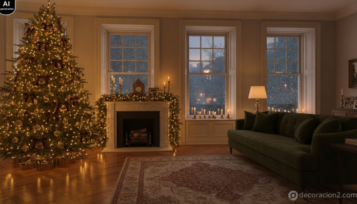 Salón con decoración navideña en Nueva York: árbol iluminado, guirnalda en la chimenea y velas en las ventanas