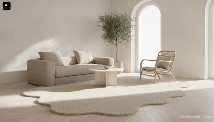 Wide-angle realistic interior photograph of a bright Mediterranean living room with white walls and pale oak herringbone f... Salón luminoso con una de las alfombras originales de forma orgánica en lana color crudo bajo un sofá de lino