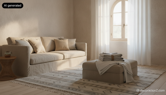 Wide-angle realistic interior photograph of a bright Mediterranean living room in winter morning light, oatmeal linen sofa... Salón luminoso con textiles neutros y alfombra de lana que ilustra las rebajas de enero en Zara Home