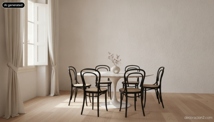 Comedor luminoso con mesa redonda de mármol y seis sillas 214 de Thonet negras alrededor