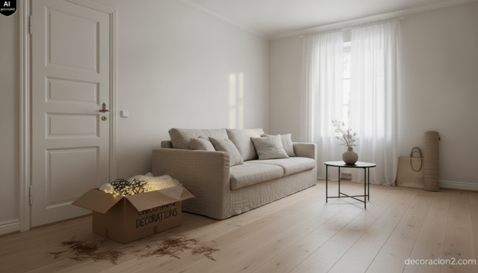 Salón nórdico luminoso con adornos navideños ya recogidos, ejemplo de renovación tras las rebajas de Ikea en enero