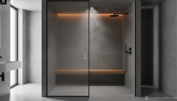 Wide-angle realistic interior photograph of a contemporary bathroom featuring a large walk-in steam shower enclosure with ... Cabina de ducha de hidromasaje con baño de vapor en un baño moderno de porcelánico oscuro y banco de teca