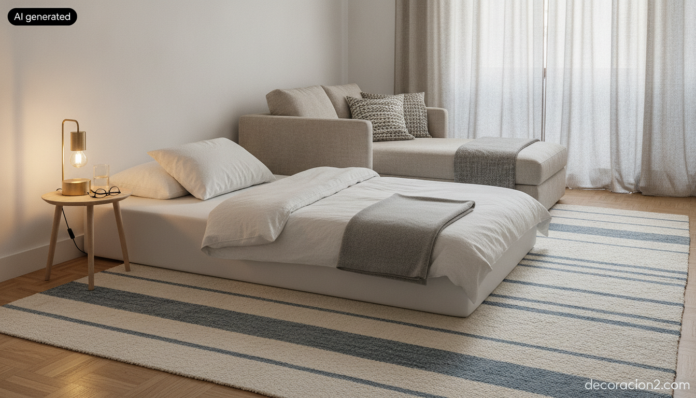 Cama para invitados improvisada en el salón con colchón bajo, alfombra de lana, mesita auxiliar y lámpara portátil