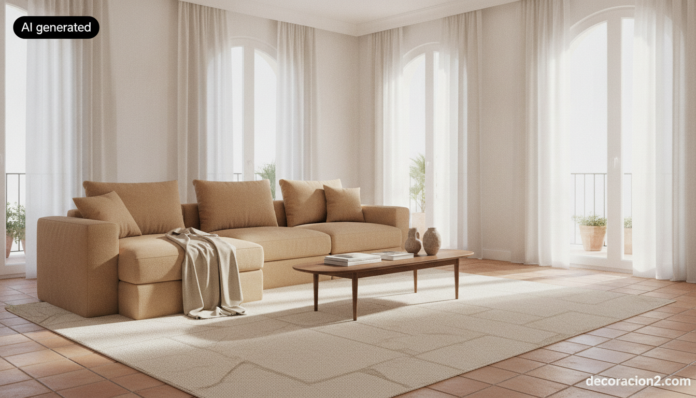 Salón luminoso con un sofá convertible de bouclé beige y un brazo abatido formando chaise longue