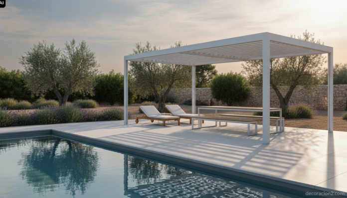 Pérgolas de jardín de aluminio blanco con lamas orientables junto a una piscina rectangular al atardecer