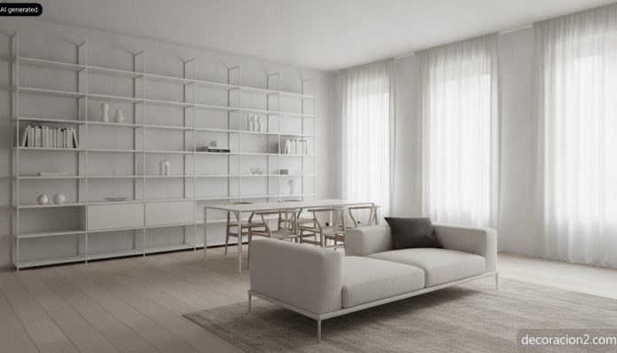 Salón amplio con muebles MDF Italia: estantería modular blanca, sofá bajo y mesa de patas finas