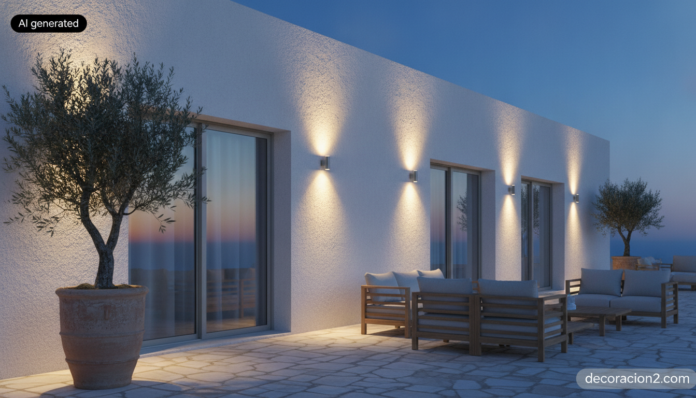 Terraza de una casa con luminarias de exterior cilíndricas de acero montadas en la fachada al anochecer