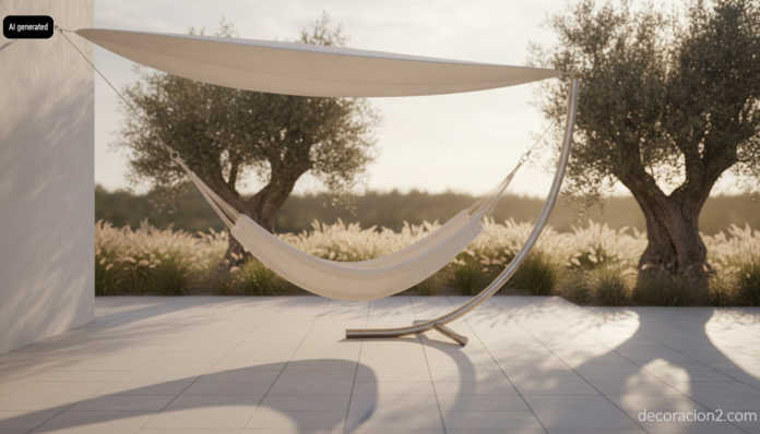 Hamaca de diseño con estructura de acero inoxidable y techo en forma de hoja instalada en una terraza ajardinada con luz de tarde