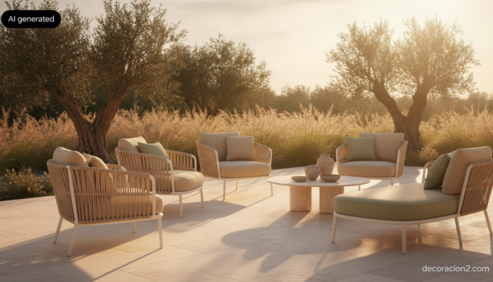 Colección Aqua de Paola Lenti con sillones y chaise longue de cuerda tejida en una terraza mediterránea al atardecer