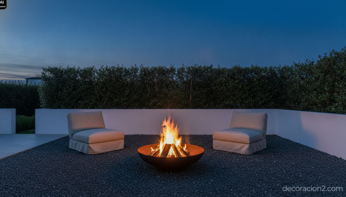 Wide architectural photograph of a modern walled garden terrace at blue hour, featuring a large sculptural corten steel fi... Chimeneas de diseño escultóricas: brasero de acero corten encendido en una terraza amurallada al anochecer