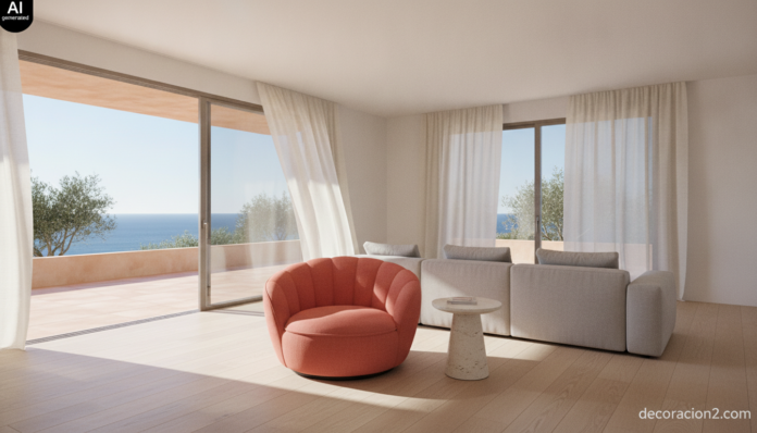 Sillón Nido de Paola Lenti en color coral situado en el rincón de un salón luminoso con suelo de roble