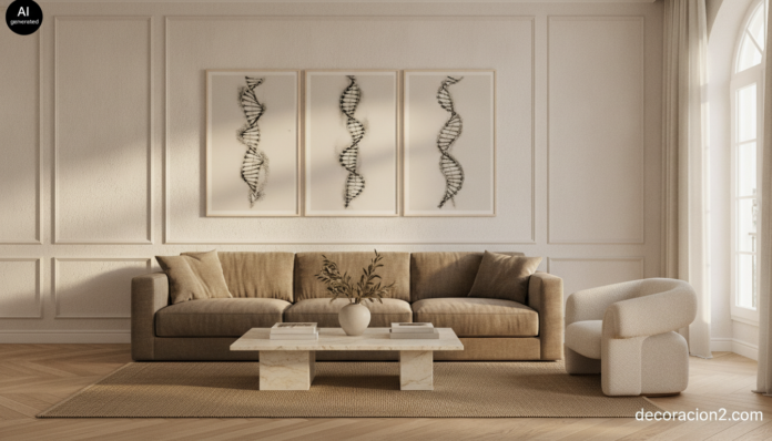 Wide editorial interior photograph of a bright contemporary living room in a Spanish apartment, a triptych of three tall f... Salón moderno con un tríptico de arte con ADN en tonos carbón colgado sobre un sofá de lino